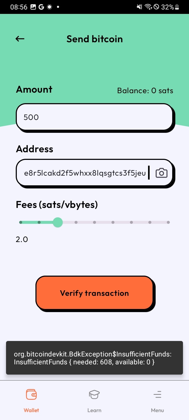 Send bitcoin screen with insufficient balance error