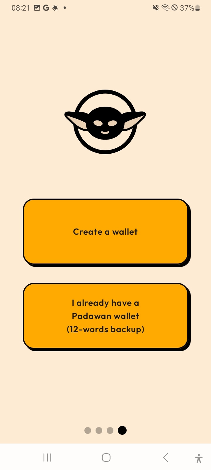 Wallet setup options screen
