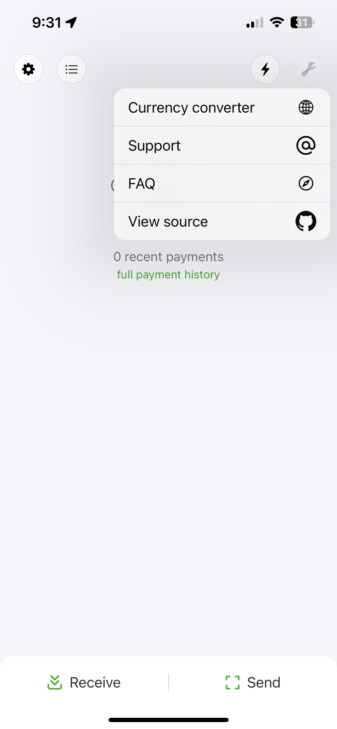 14 After tapping wrench icon on main wallet screen