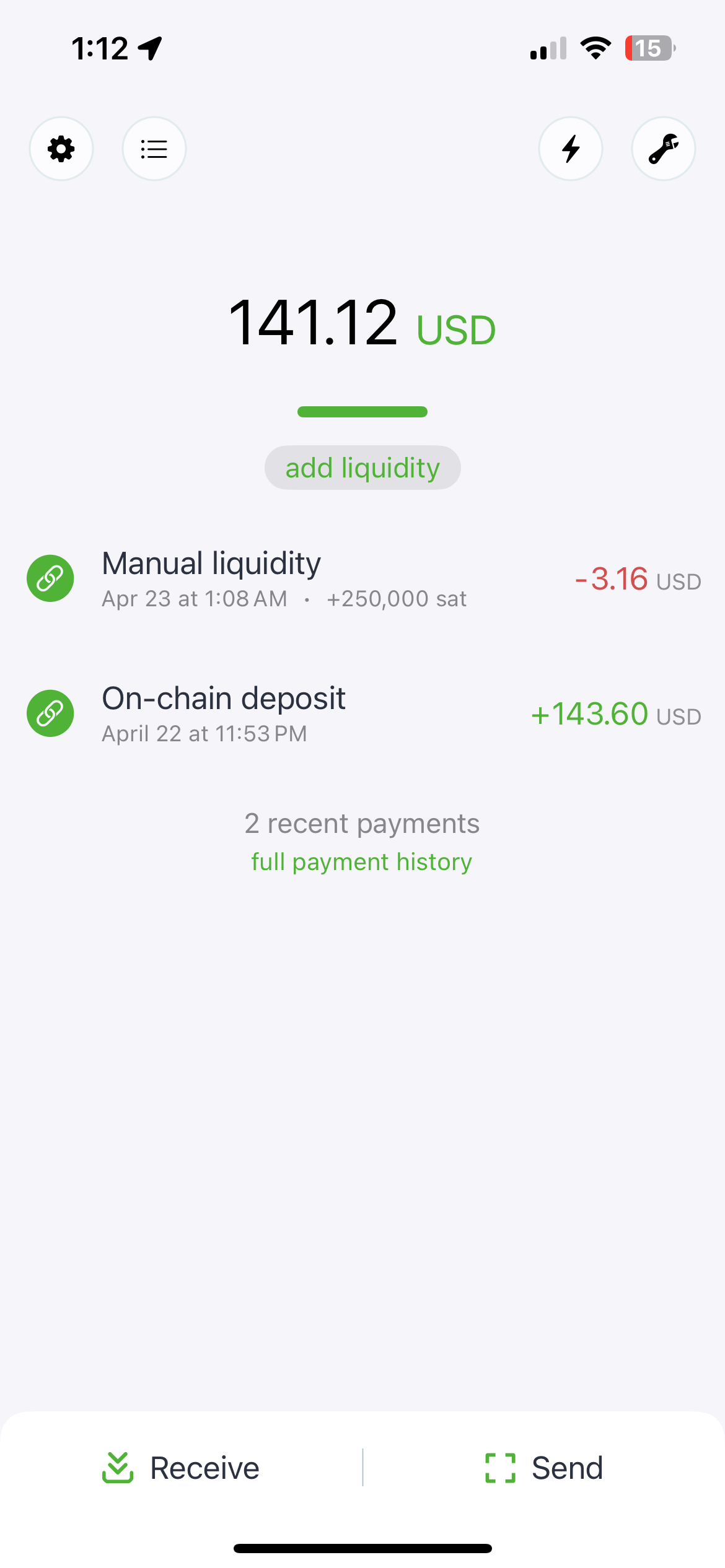 29 Main wallet screen with balance toggled to USD (via tap)